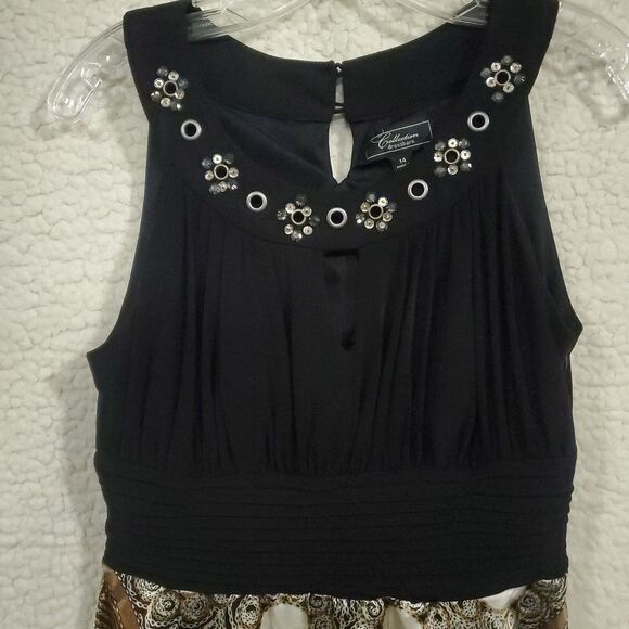 Collection Dressbarn Size 14 Sleeveless Handkerchief Hem Dress Black Gold - Picture 3 of 16